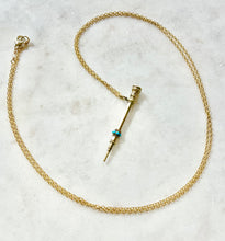 Load image into Gallery viewer, Antique Karen Lindner Designs Gold Filled Pencil Necklace with Turquoise &amp; Purple Glass
