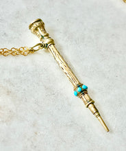 Load image into Gallery viewer, Antique Karen Lindner Designs Gold Filled Pencil Necklace with Turquoise &amp; Purple Glass
