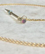 Load image into Gallery viewer, Antique Karen Lindner Designs Gold Filled Pencil Necklace with Turquoise &amp; Purple Glass
