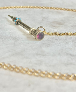 Antique Karen Lindner Designs Gold Filled Pencil Necklace with Turquoise & Purple Glass