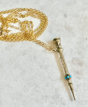 Load image into Gallery viewer, Antique Karen Lindner Designs Gold Filled Pencil Necklace with Turquoise &amp; Purple Glass
