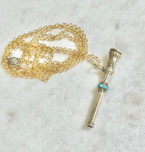 Load image into Gallery viewer, Antique Karen Lindner Designs Gold Filled Pencil Necklace with Turquoise &amp; Purple Glass
