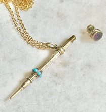 Load image into Gallery viewer, Antique Karen Lindner Designs Gold Filled Pencil Necklace with Turquoise &amp; Purple Glass
