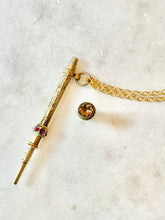 Load image into Gallery viewer, Antique Karen Lindner Designs Gold Filled Pencil Necklace with Red Glass Slide &amp; Peach Glass Top
