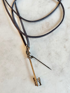 Antique Karen Lindner Designs French Silver Key Necklace on Suede